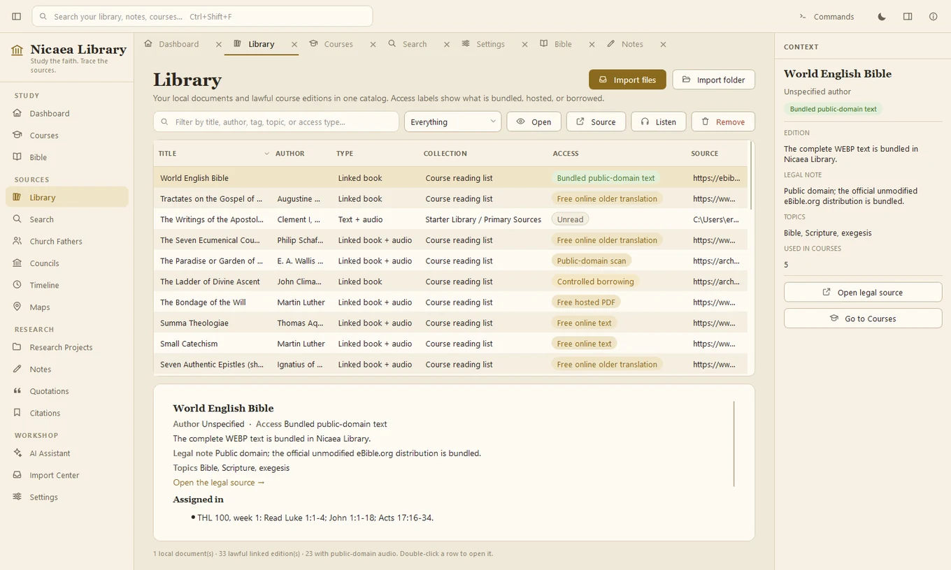 The Library catalogue in the light parchment theme, listing works with columns for title, author, type, collection, access, and source.