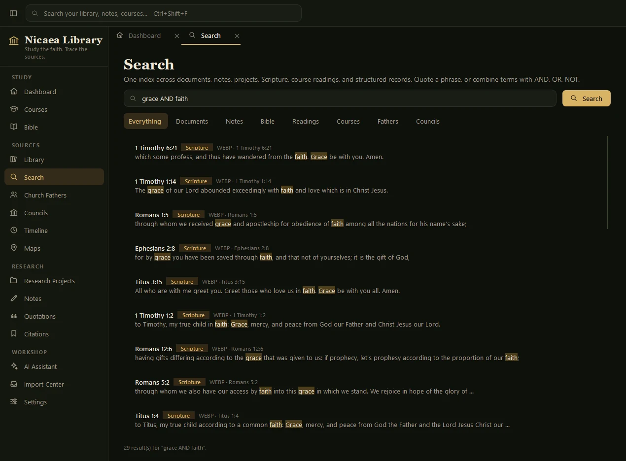 The Search page, showing results for &ldquo;grace AND faith&rdquo; across Scripture with matching words highlighted, and filter tabs for documents, notes, Bible, readings, courses, fathers, and councils.