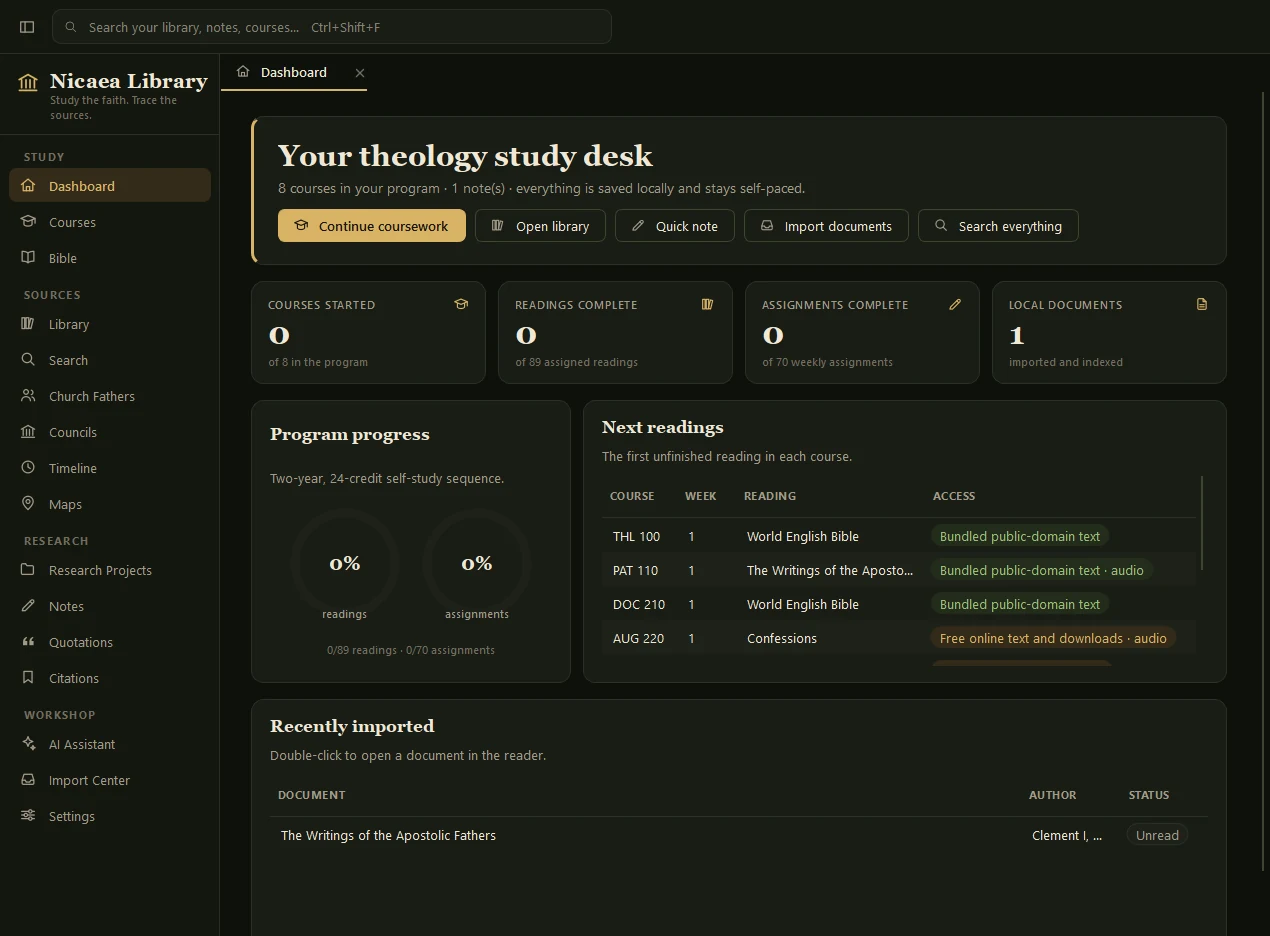 The dashboard in the dark theme, headed &ldquo;Your theology study desk&rdquo;, with progress counters for courses, readings and assignments, and a list of next readings by course.