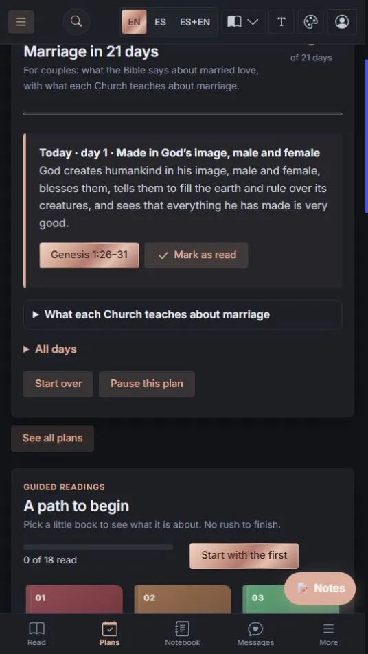 One reading a day, with what each Church teaches on the topic.