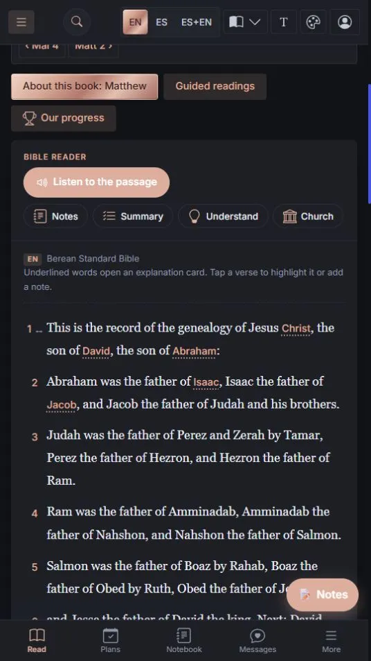 Read a chapter together: tap a verse to highlight it or add a note, and listen to the passage.
