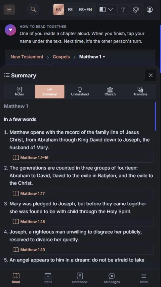 A short summary of each chapter, with every point linked to its verses.